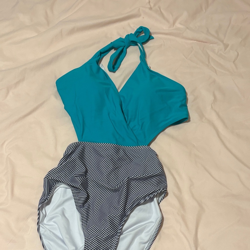 Lavish Teal Halter One-Piece with Navy & White Striped Bottom